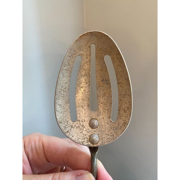 Vintage Metal Slotted Serving Spatula With Red Wooden Handle - Picture 4 of 6
